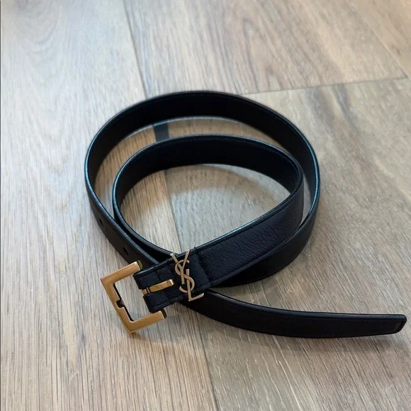 Authentic YSL Cassandra Black Leather Belt with Gold Buckle 75 - Picture 3 of 7